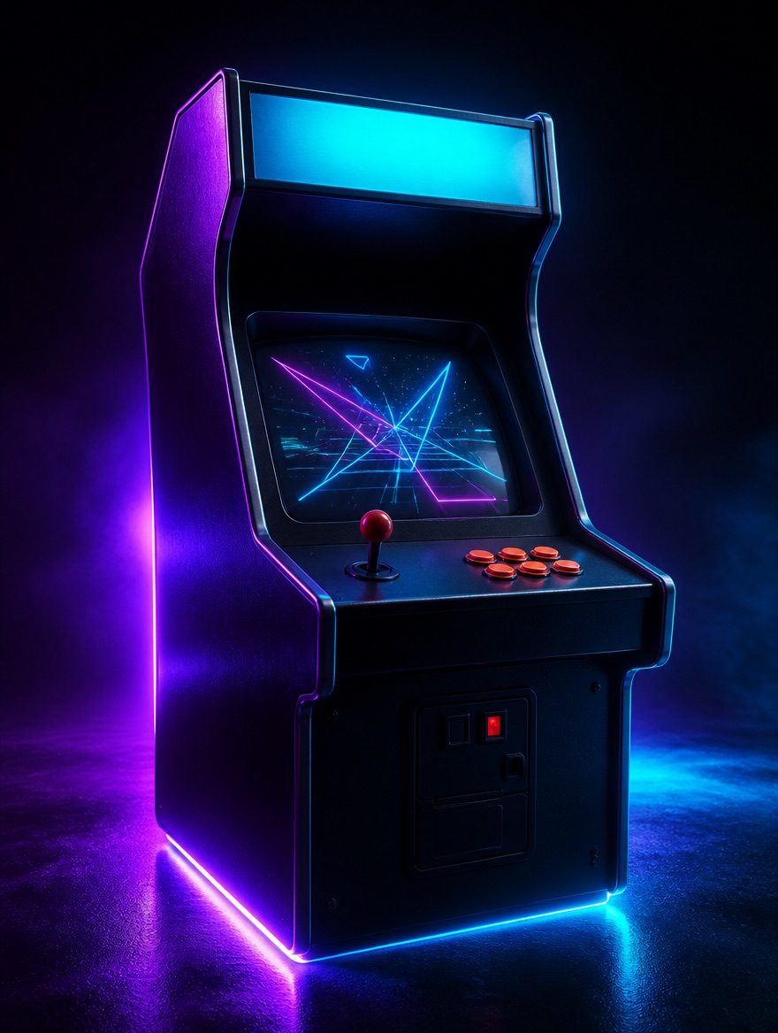 3D render of a generic retro arcade cabinet glowing with purple and cyan neon