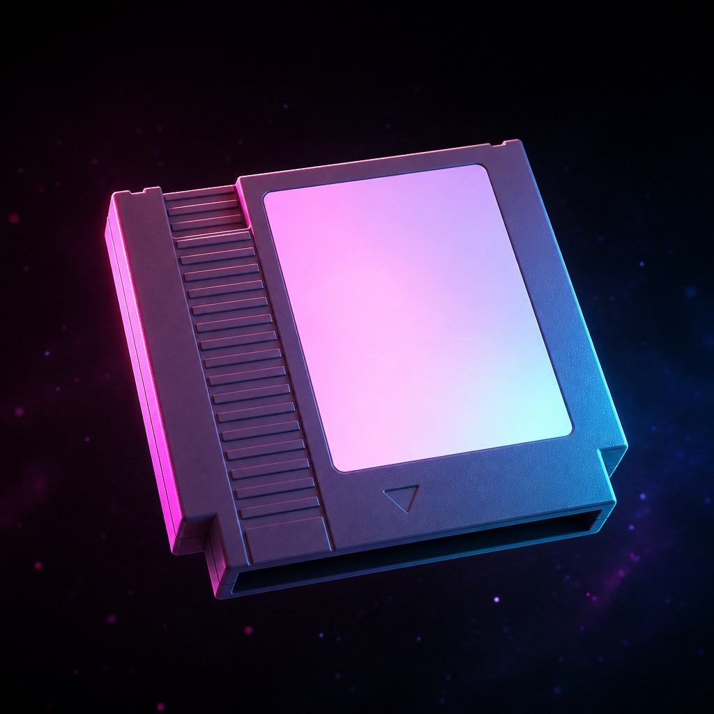 3D render of a grey game cartridge floating in neon light