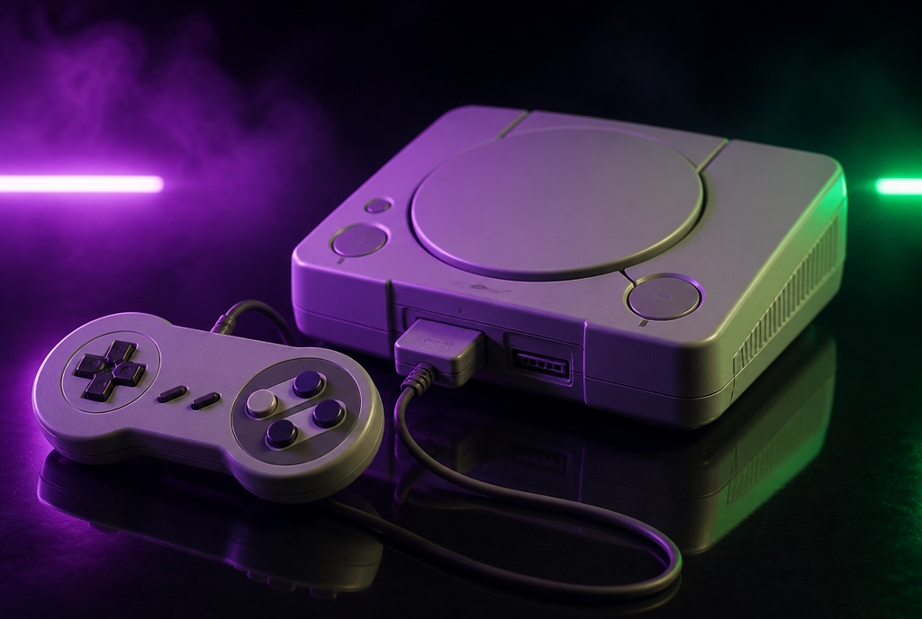 3D render of a generic 1990s home console with gamepad under neon light