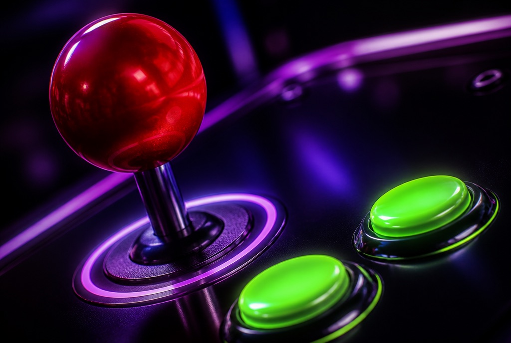 Macro shot of a retro arcade joystick in neon light