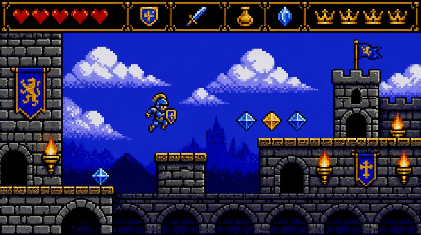 Bit Warden mock gameplay: pixel knight leaping between castle platforms