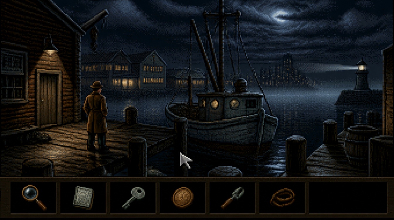 Grim Harbor mock gameplay: detective on a foggy harbor dock, VGA pixel art